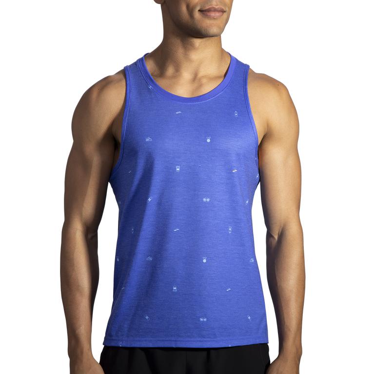 Brooks Distance Graphic Running Tank Top - Men's - Amparo Blue/Run Happy Life (19250-VIOD)